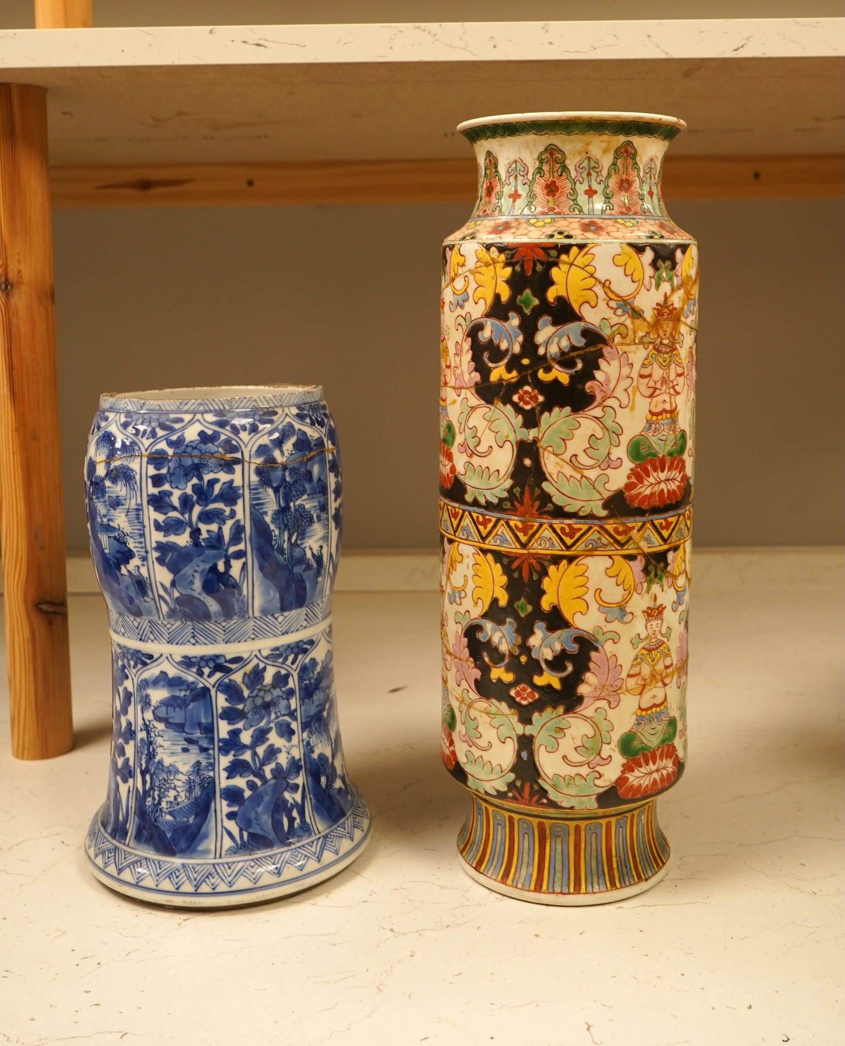 A Chinese Kangxi blue and white vase (cut down gu vase), 26cm high and a Chinese Bencharong famille rose vase